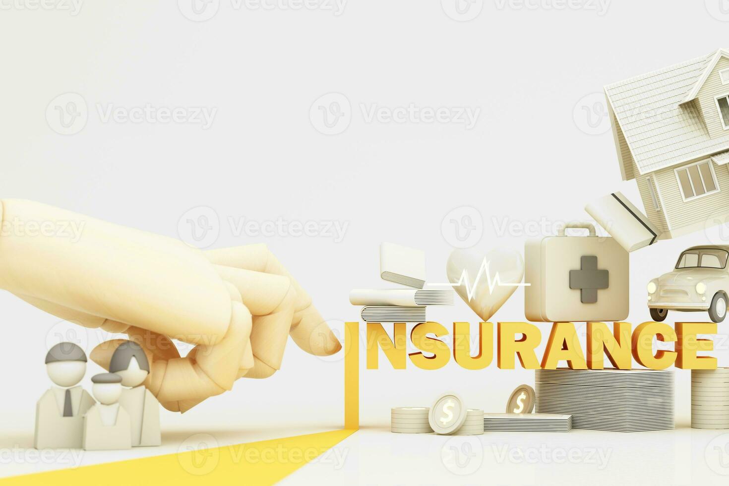 Hem försäkring begrepp, tecknad serie Hem, bil, liv, familj och medicinsk vård. 3d tolkning under ett paraply försäkring detaljer på de papper skärm säkerhet skydd. 3d framställa på gul bakgrund. foto