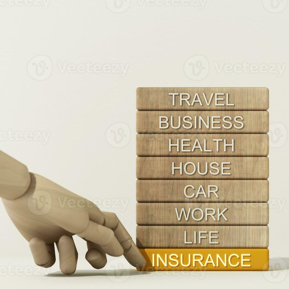 modell trä- hand rör på sig trä- pinne med text i begrepp av liv försäkring och säkerhet framtida finansiell planer och stabilitet. 3d tolkning foto