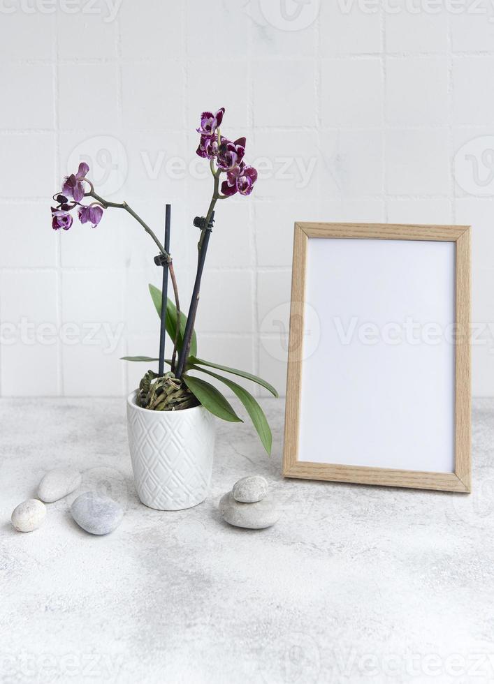 närbild av lila phalaenopsis orkidé i kruka och håna upp affisch ram foto