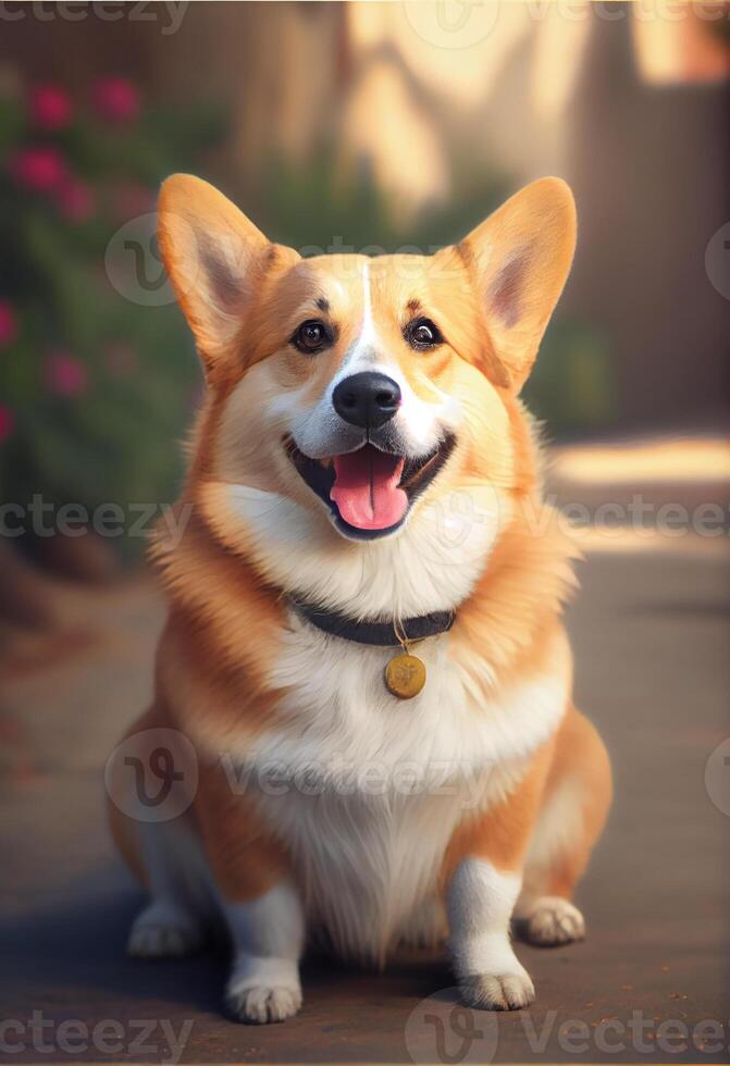 närbild porträtt av hund corgi ansikte i profil. de munkorg av en hund med ögon, rosa språk, lång mustasch, svart näsa. munkorg av en hund i profil generativ ai. foto