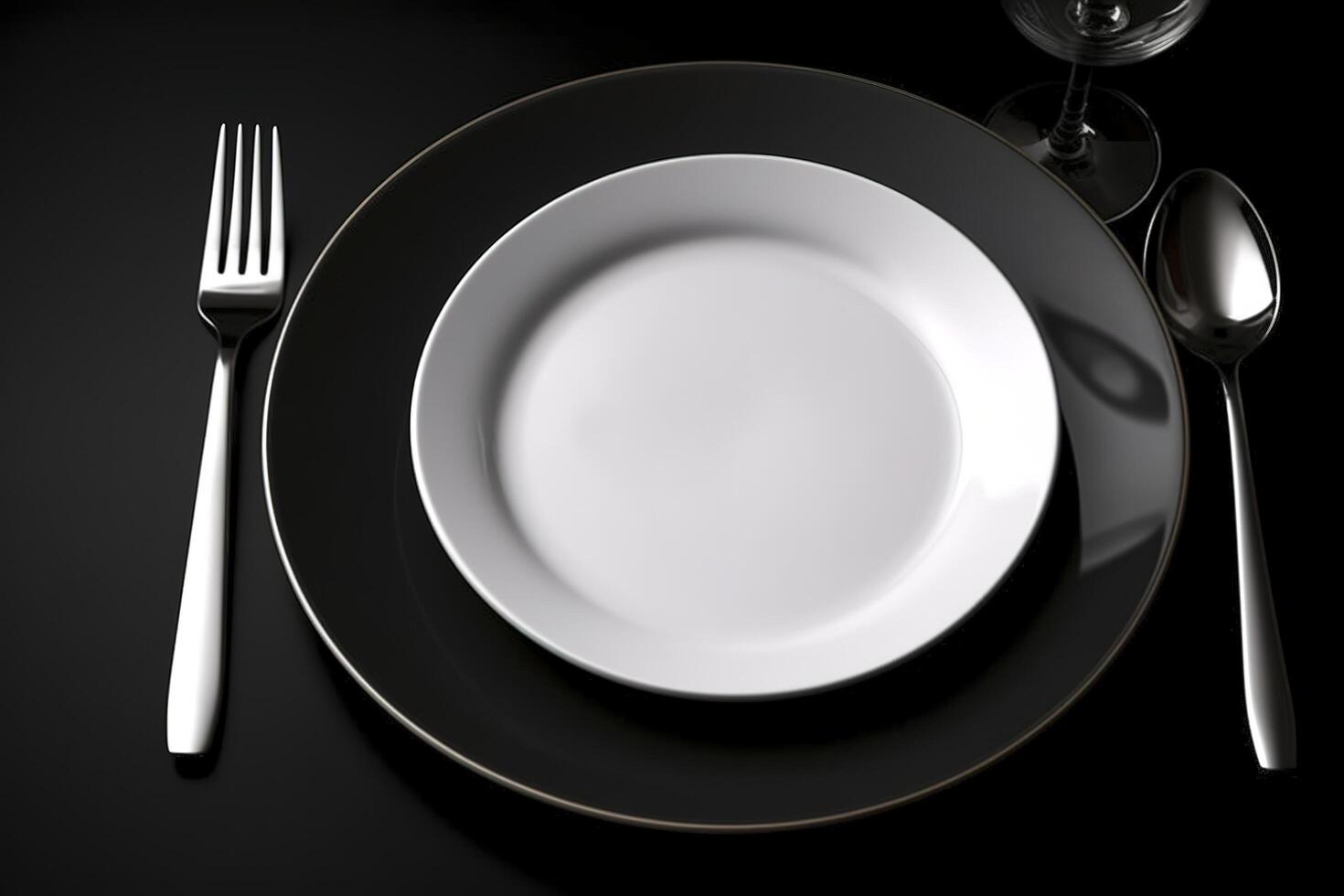 tömma tallrik med gaffel och kniv på svart. eras bestick, minimal mörk tabell miljö. meny mockup, Plats för text, diet concept.ai generativ foto