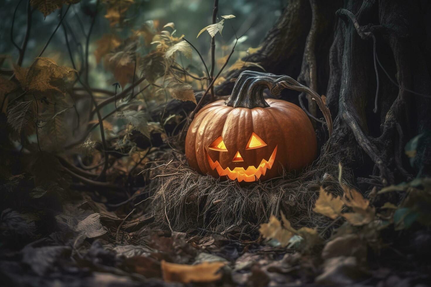 en läskigt skog solnedgång med de besatt ondska lysande ögon av domkraft o' lyktor på de vänster av en trä- bänk på en skrämmande halloween natt, generera ai foto