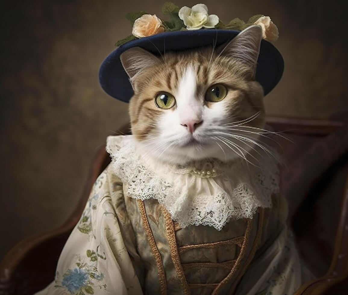 katt klädd i årgång kläder i victorian stil, porträtt i de stil av de 19:e århundrade, rolig söt katt i mänsklig kläder. ai genererad bild. foto