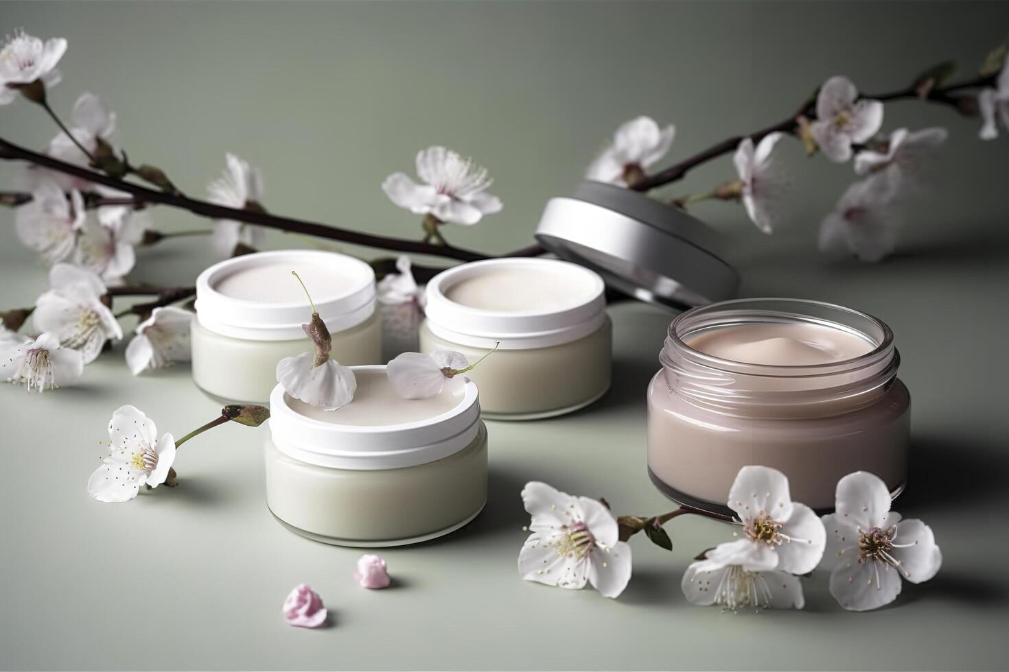 naturlig organisk eco kosmetika i öppen burkar med blomning körsbär blommor, skönhet och spa tema. kosmetisk behållare med grädde eller lotion, naturlig Ingredienser, ansikte vård begrepp. ai genererad bild. foto