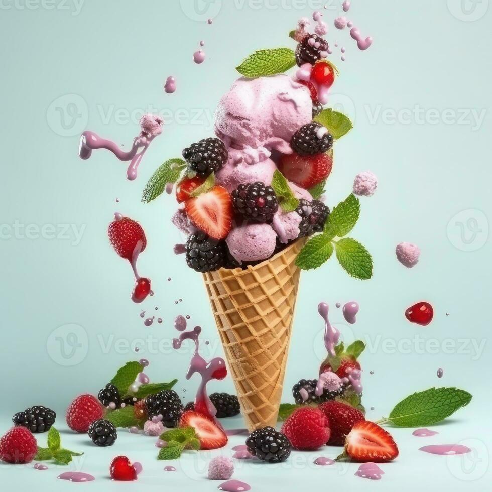 färsk frukt med skopor av krämig specialitet is grädde i blandad smaker med hallon, bär, blåbär, jordgubb och socker kottar. ai genererad. foto