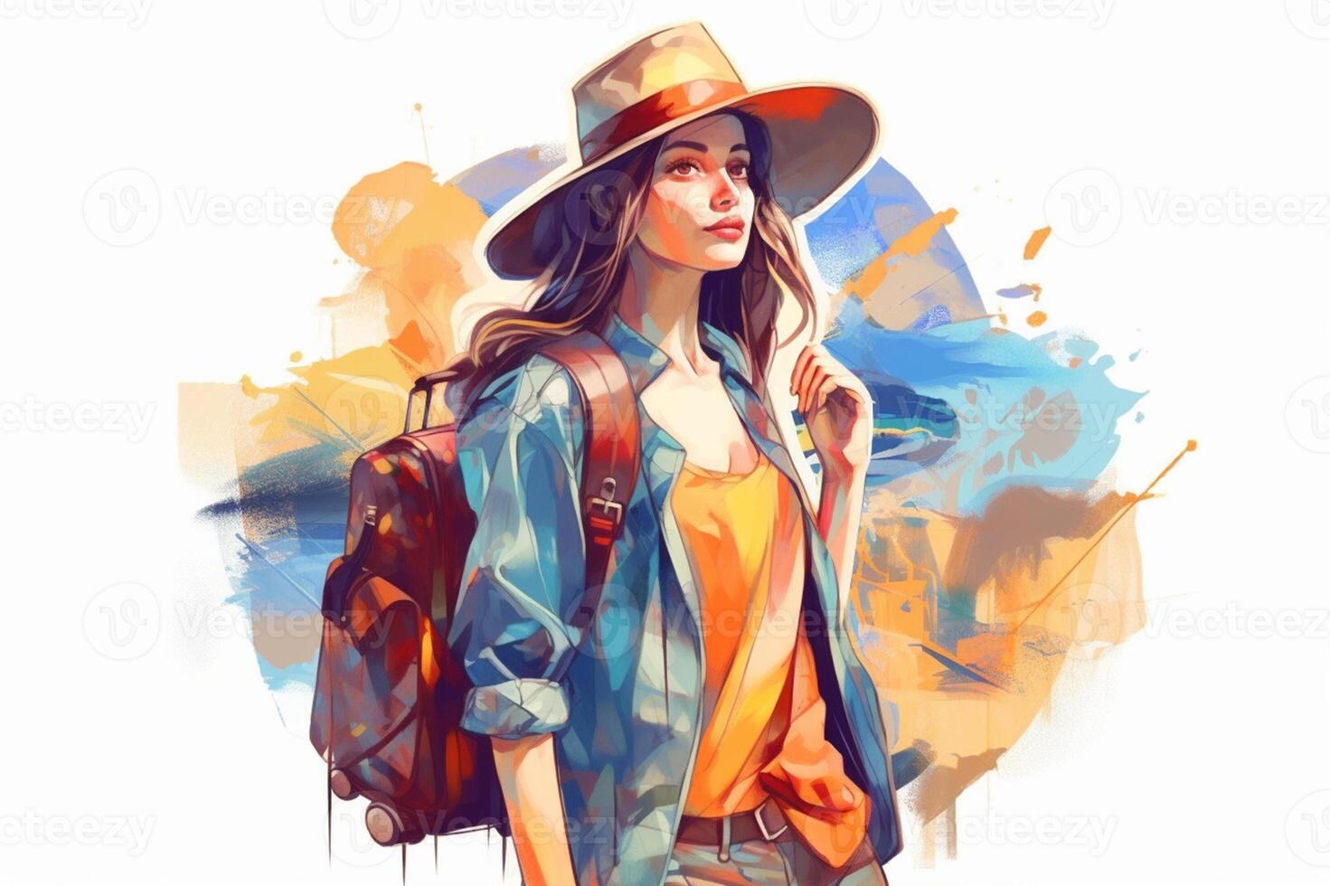 resande flicka konceptuell baner. färgrik illustration av resande ung kvinna i de hatt med ryggsäck. generativ ai foto