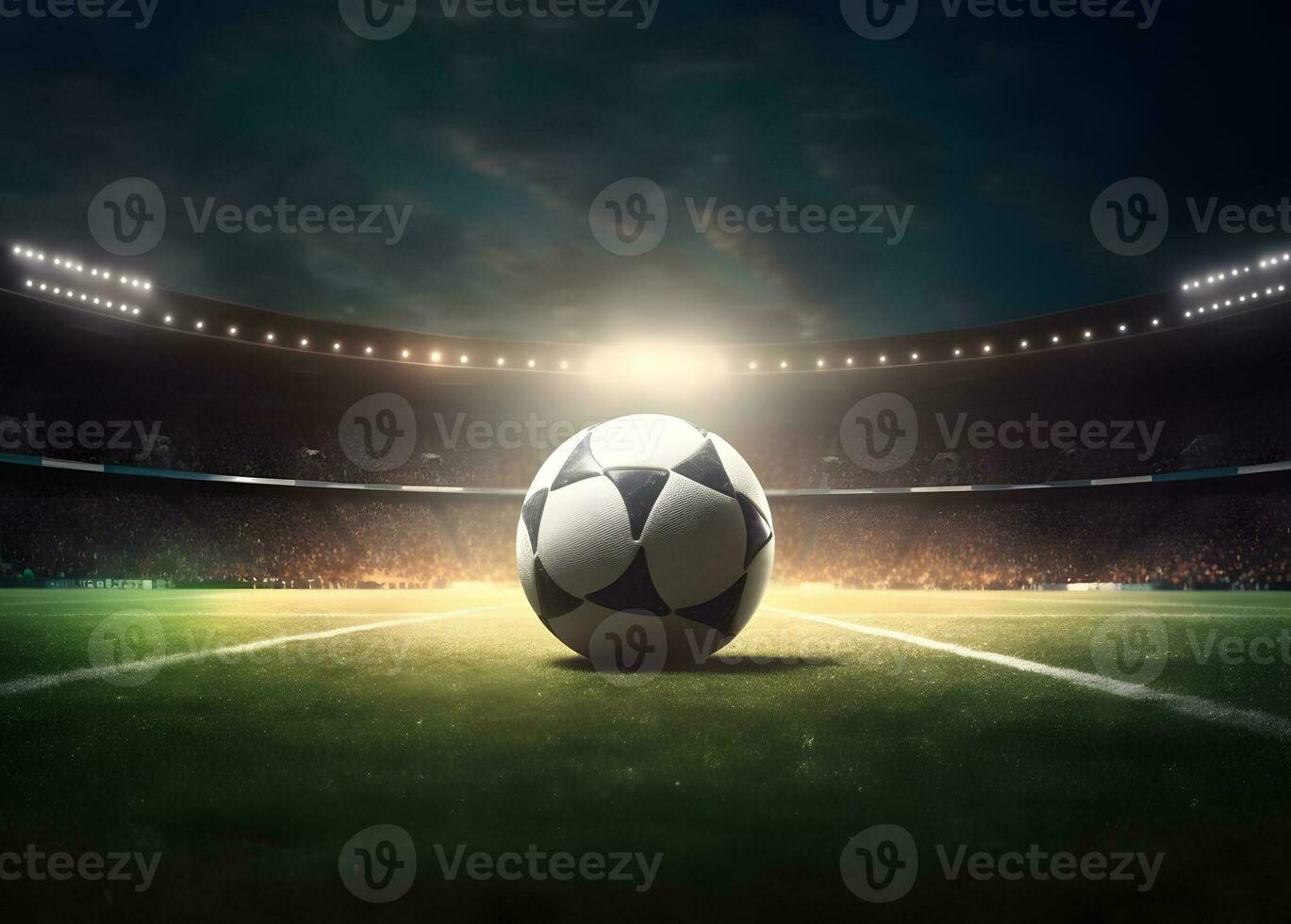 fotboll boll på grön fält av stadion på natt ai genererad foto