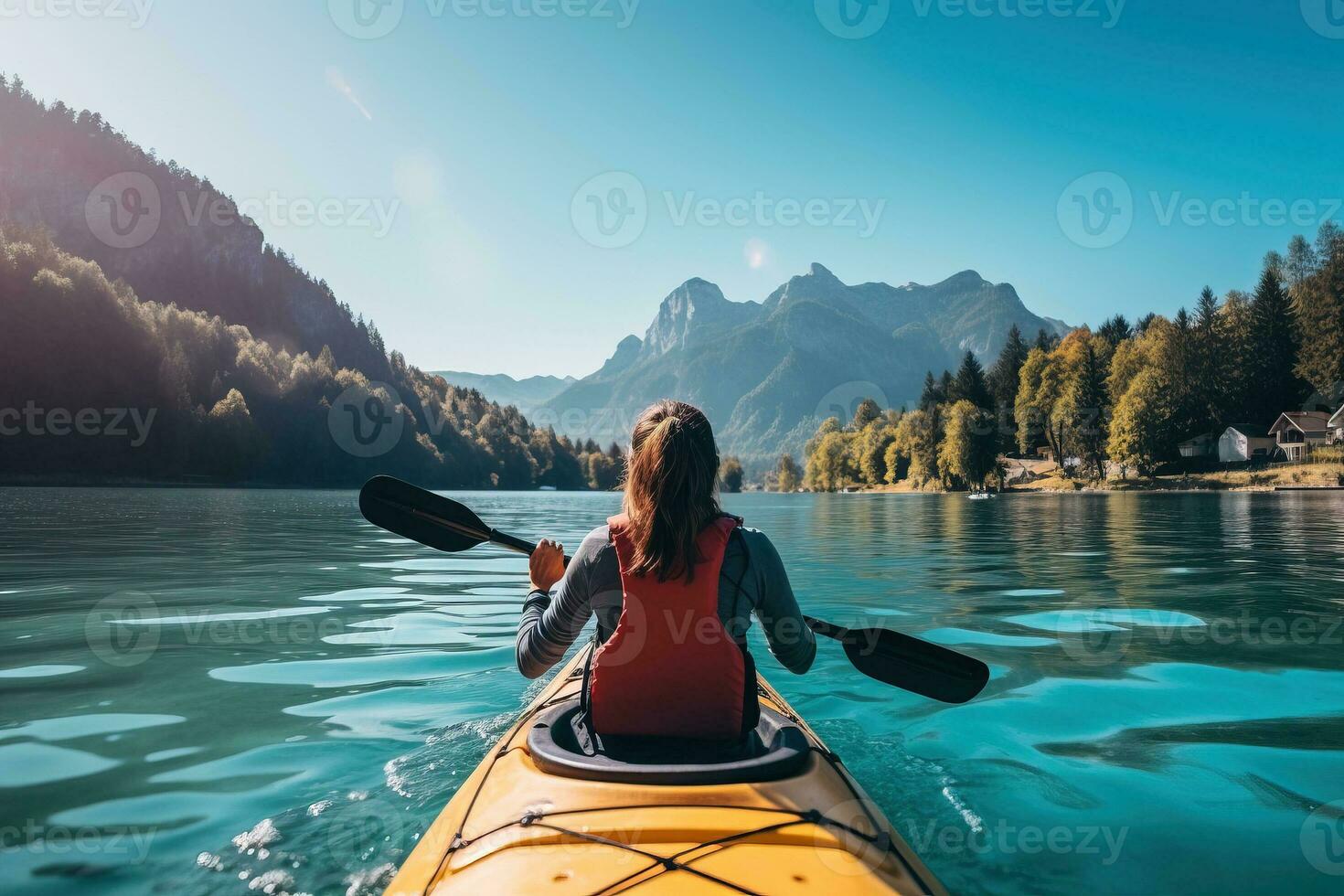 tillbaka se av kvinna Kajakpaddling i kristall sjö nära alperna. ai genererad foto