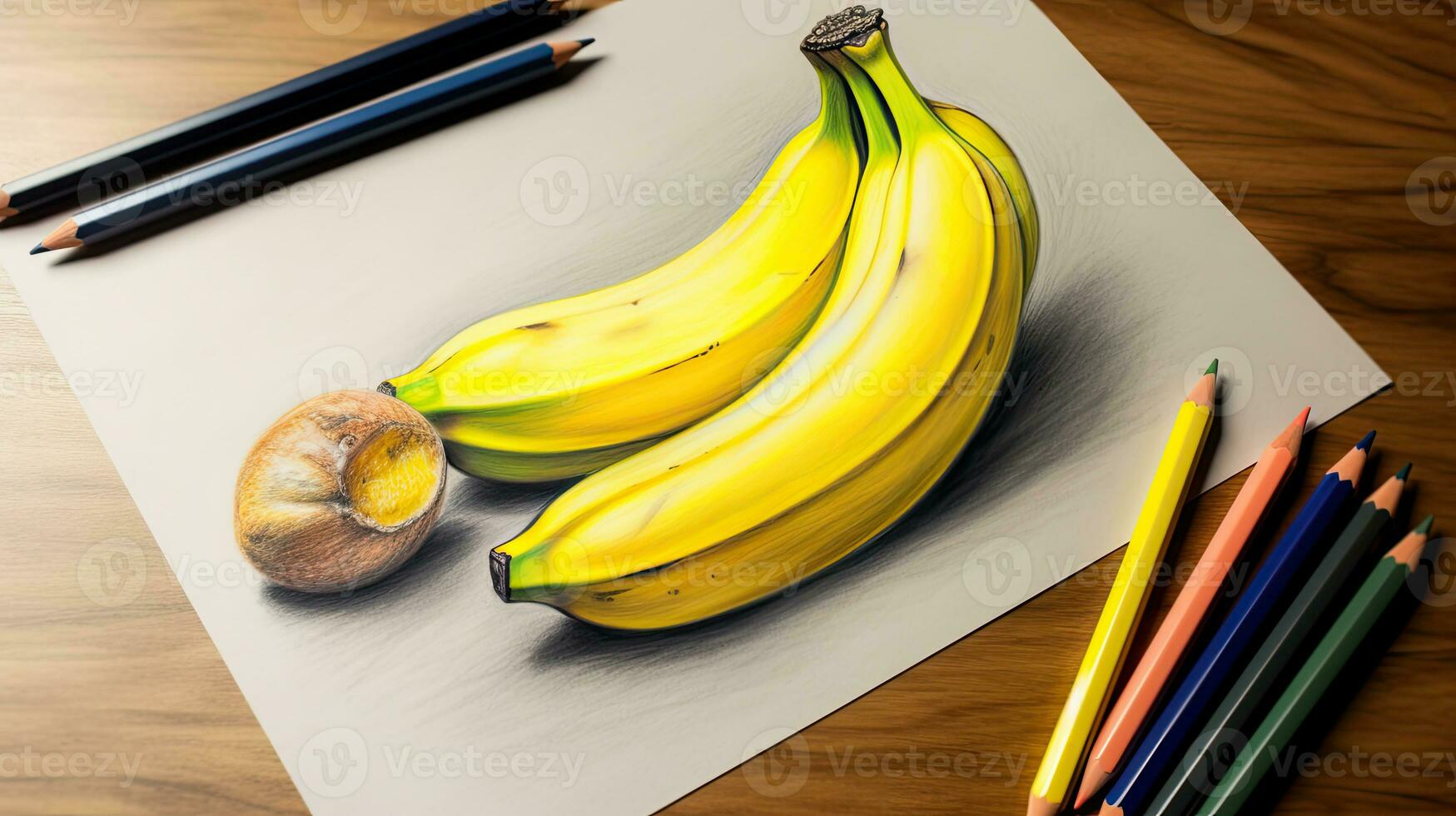 3d konst bild av realistisk teckning banan med penna illustration. generativ ai. foto