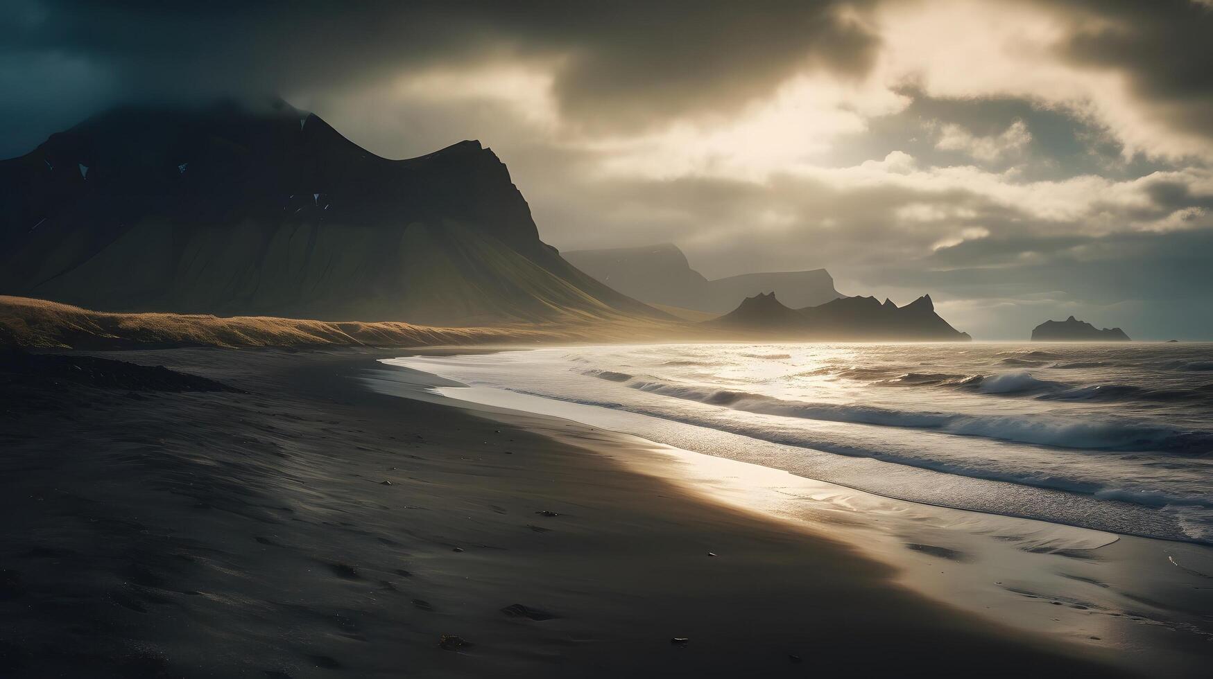 solnedgång på de strand av island generativ ai, ai genererad foto