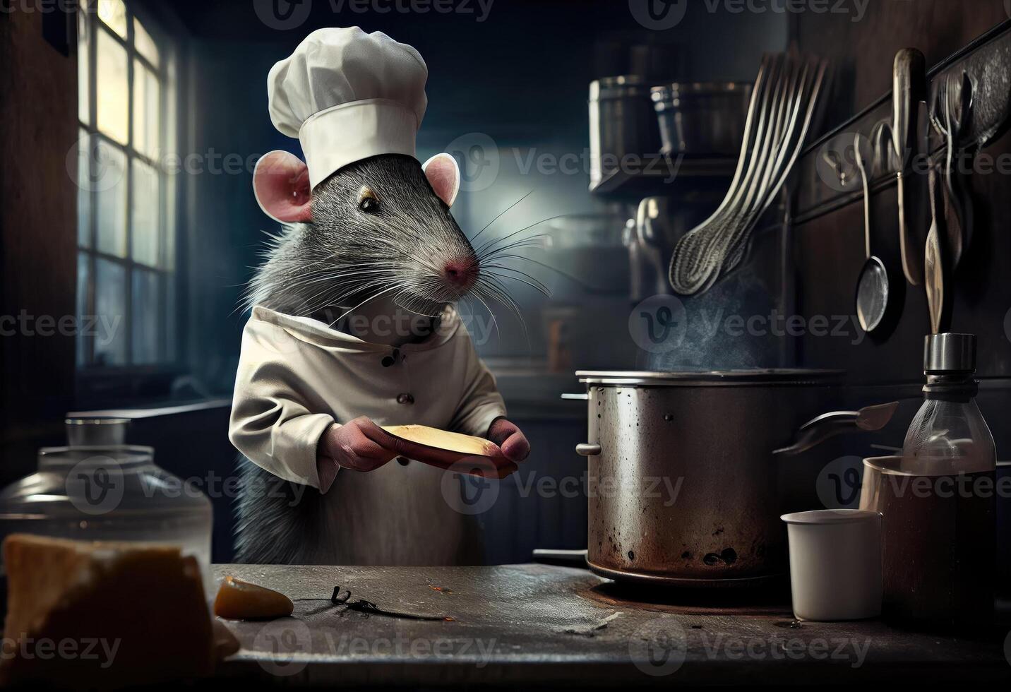 porträtt av en råtta kock i en restaurang kök. ai genererad foto