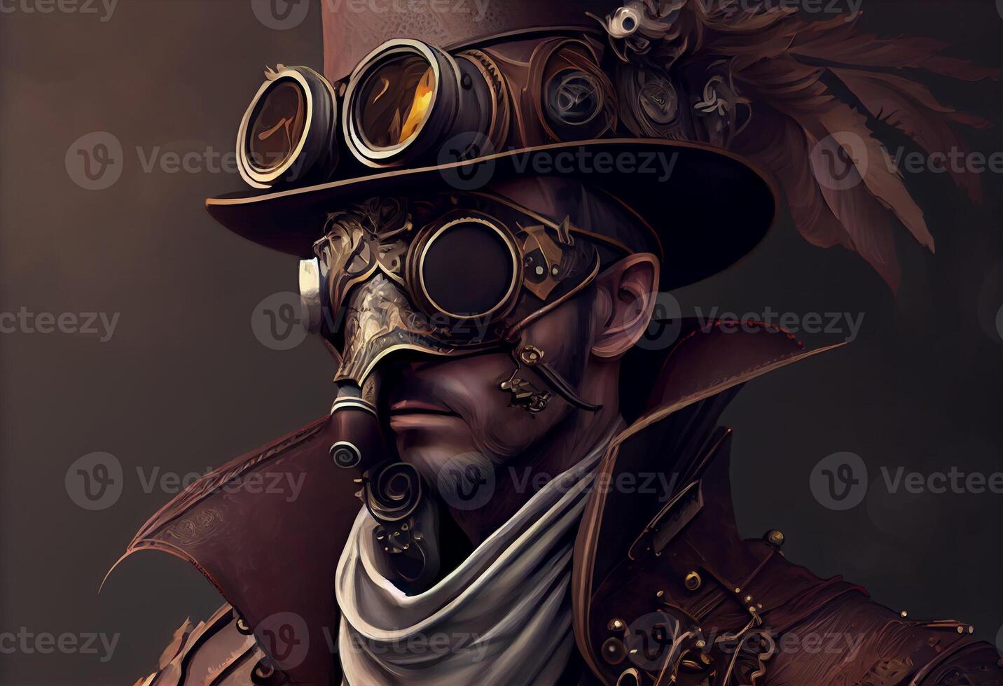 en man bär en steampunk hatt och en steampunk mask, fantasi konst, steampunk. ai genererad foto