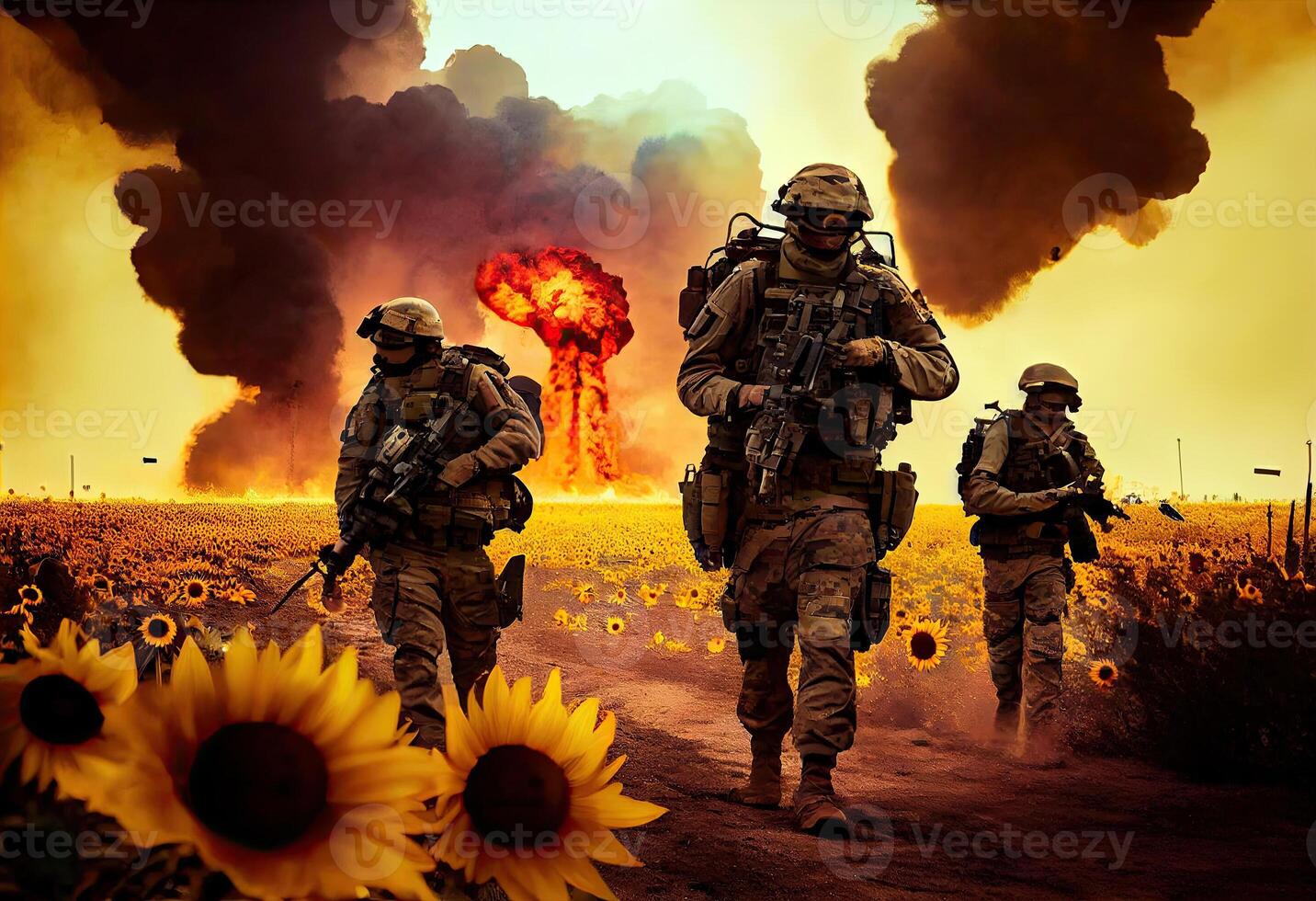militär särskild krafter soldater går över förstörd krigszon genom brand och rök i en solros fält ai genererad. foto