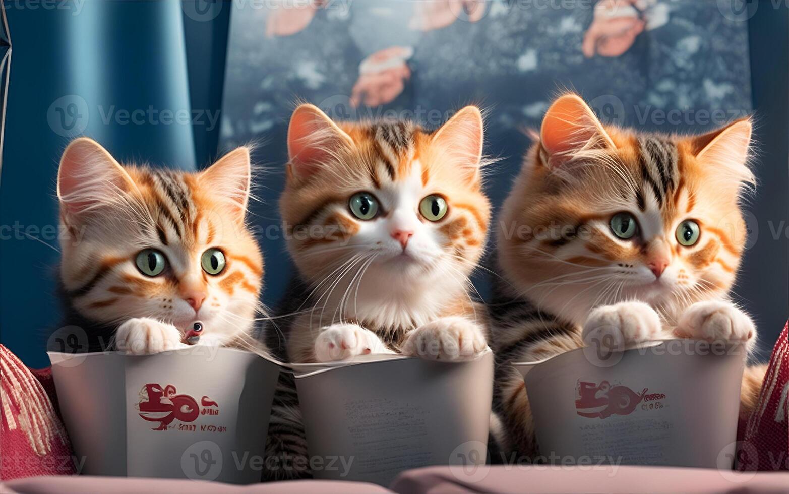 tre söt katt i solglasögon tittar på en film med popcorn. ai genererad foto