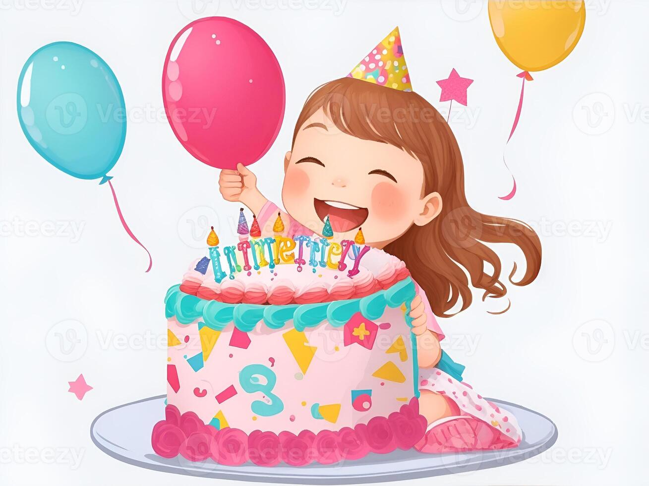 illustration av en Lycklig liten flicka och henne födelsedag kaka. ai genererad. foto