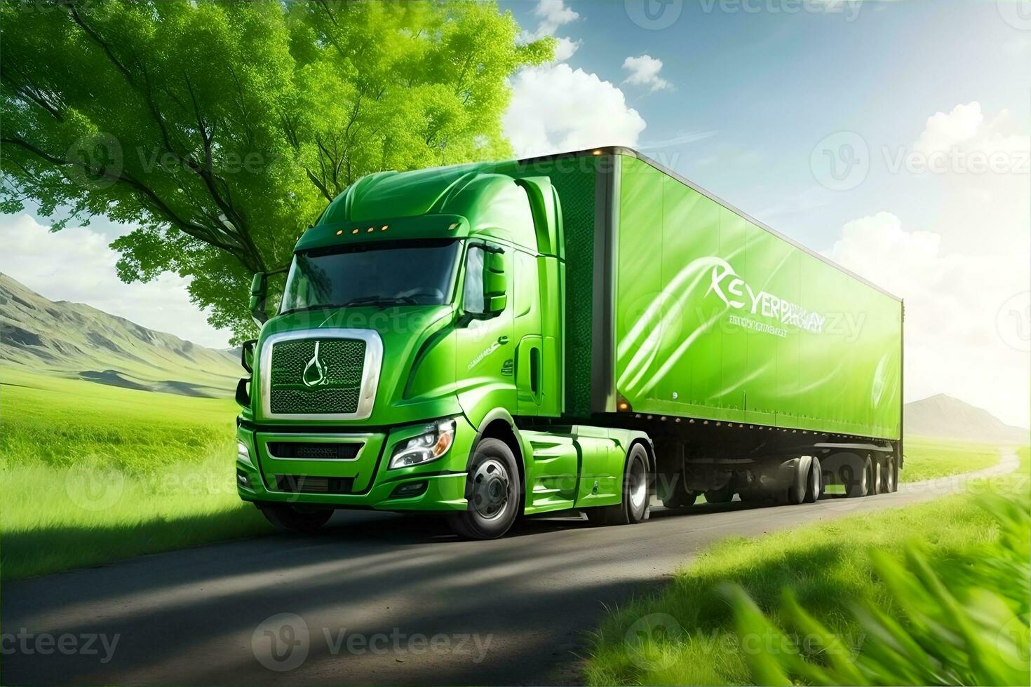 eco vänlig transport begrepp med grön lastbil. ai genererad foto