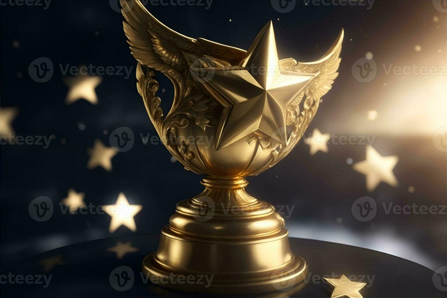 vinnare guld trofén med stjärnor flygande. ai genererad foto