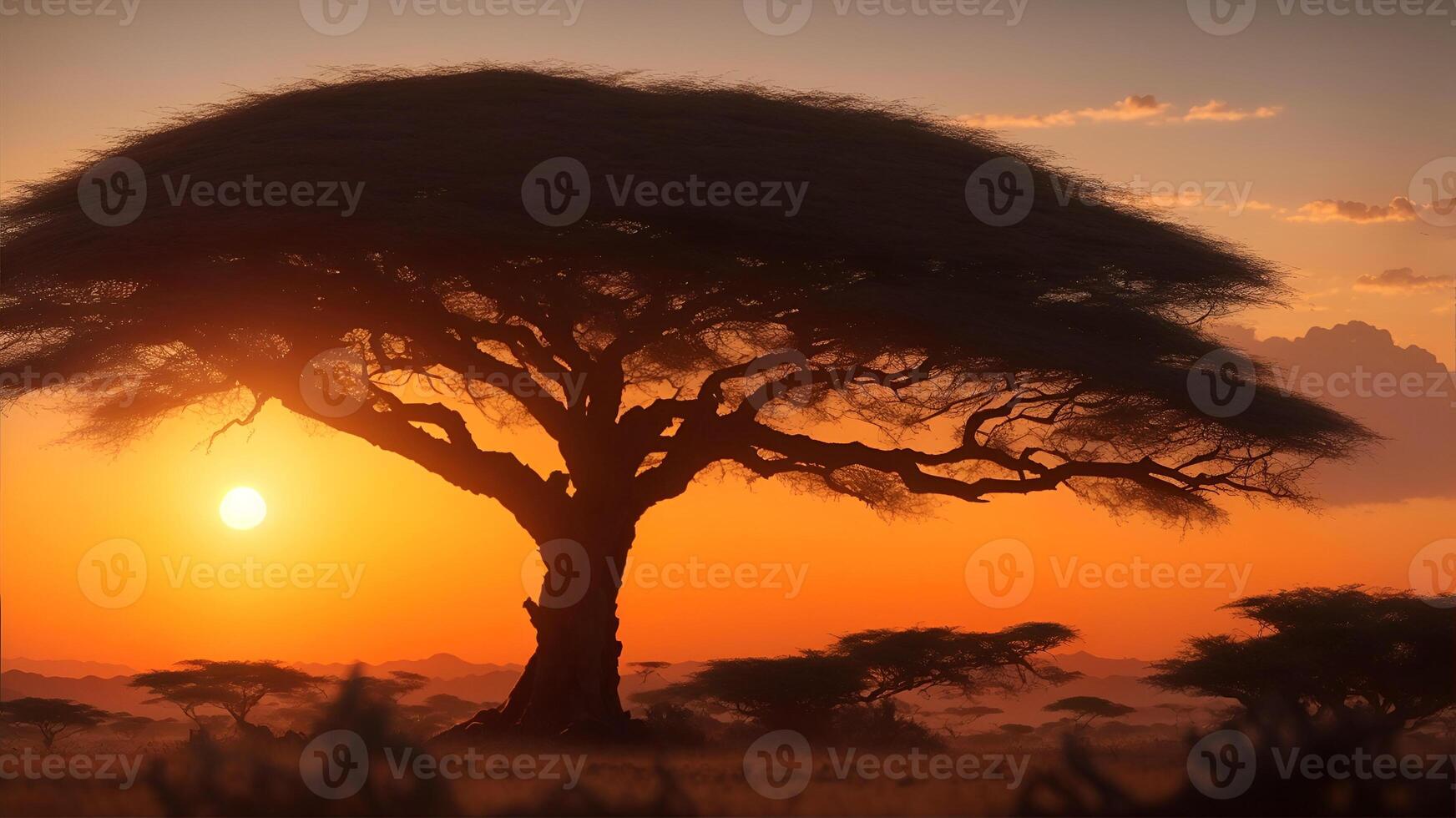 silhuett av akacia träd i afrikansk solnedgång. ai genererad foto