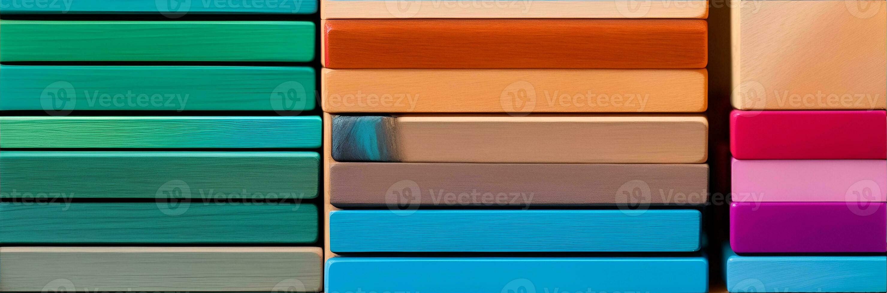 spektrum av staplade flerfärgad trä- block. ai genererad foto