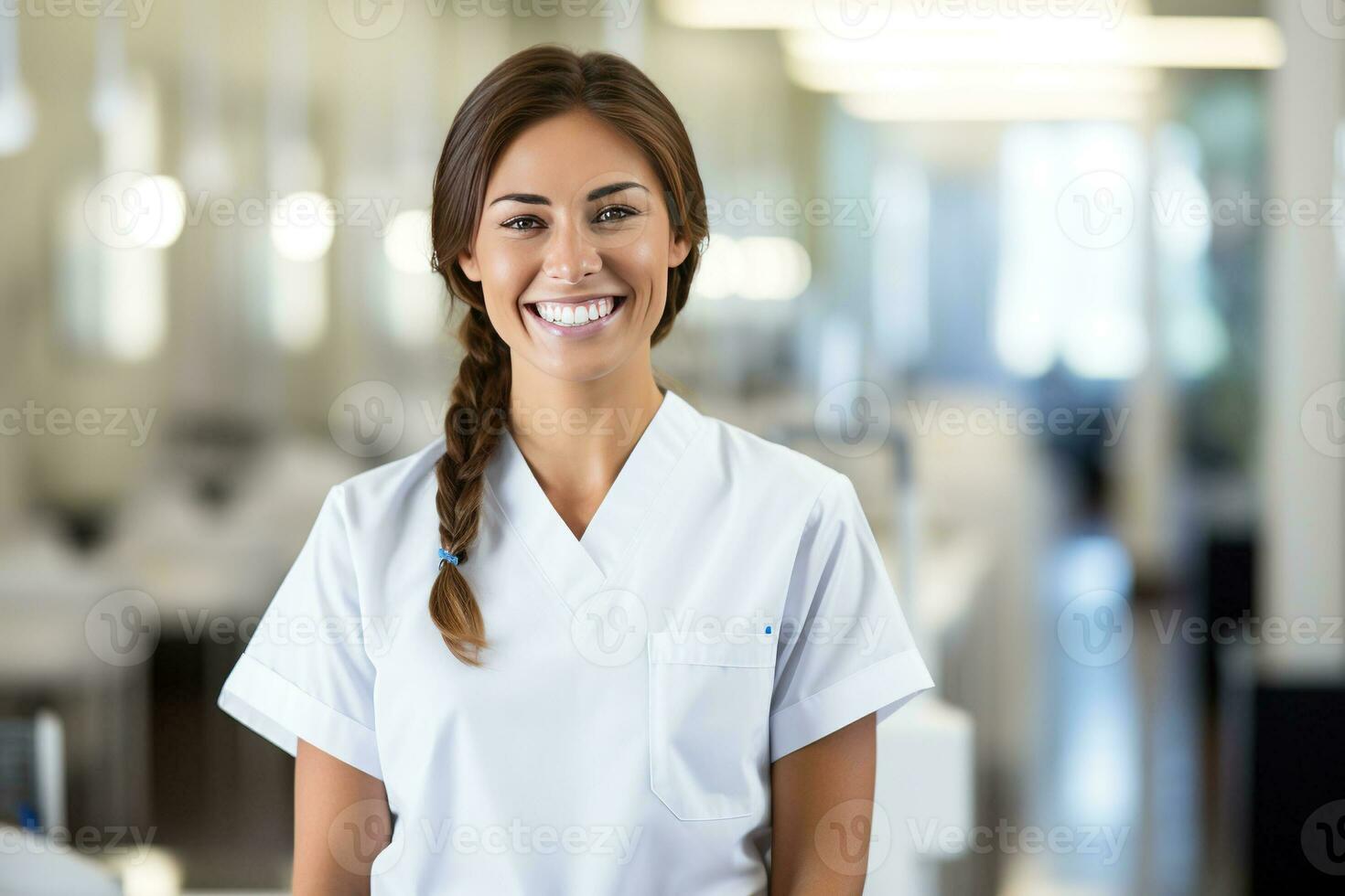 porträtt av en stolt kvinna dental hygienist studerande i högskola, leende självsäkert som hon representerar henne framtida ockupation och de värde av utbildning . ai genererad foto