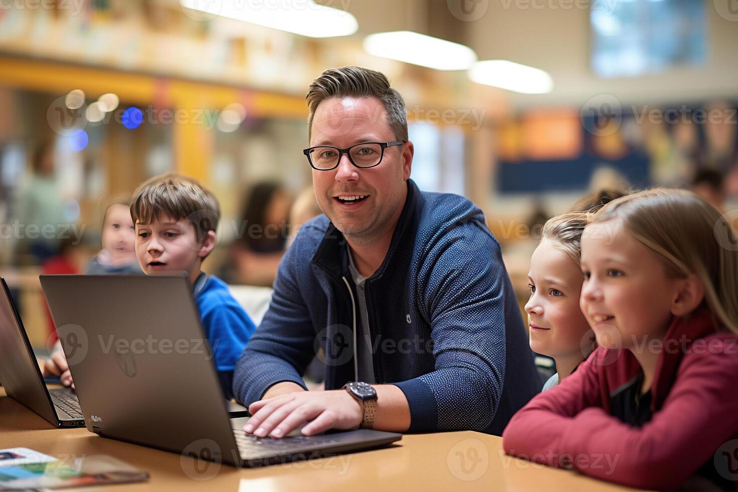 lärare och studenter tittar på bärbar dator skärm . ai genererad foto