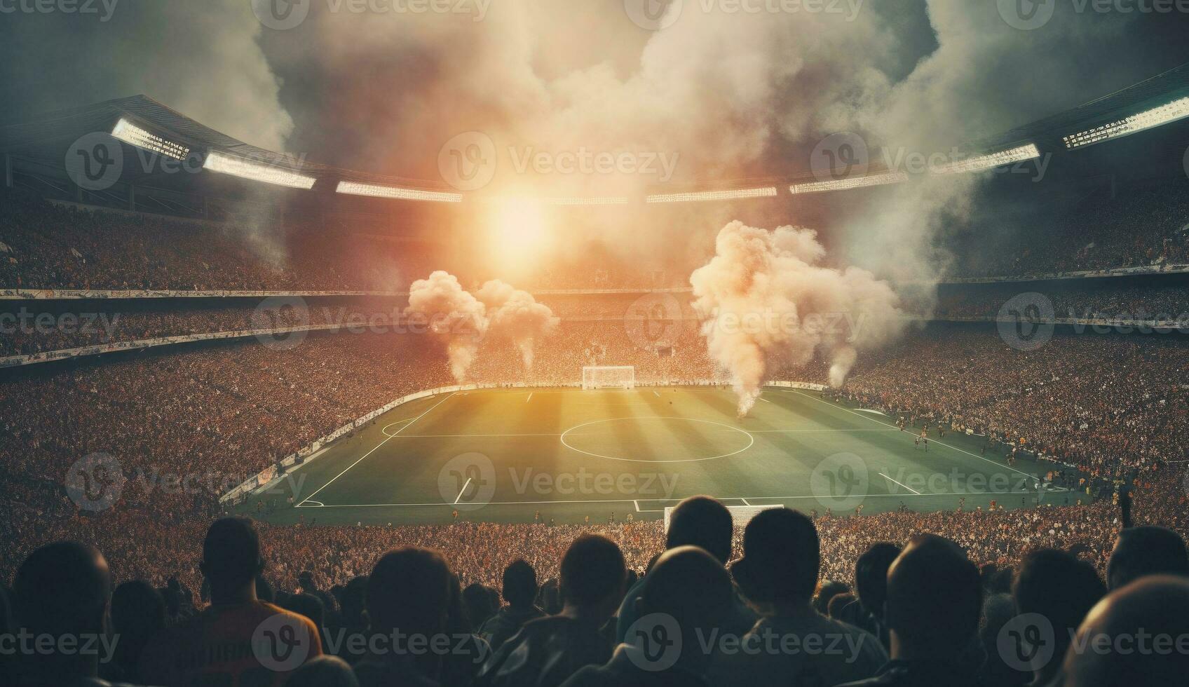 fotboll stadion med belyst lampor, bloss och rök bomber. generativ ai foto