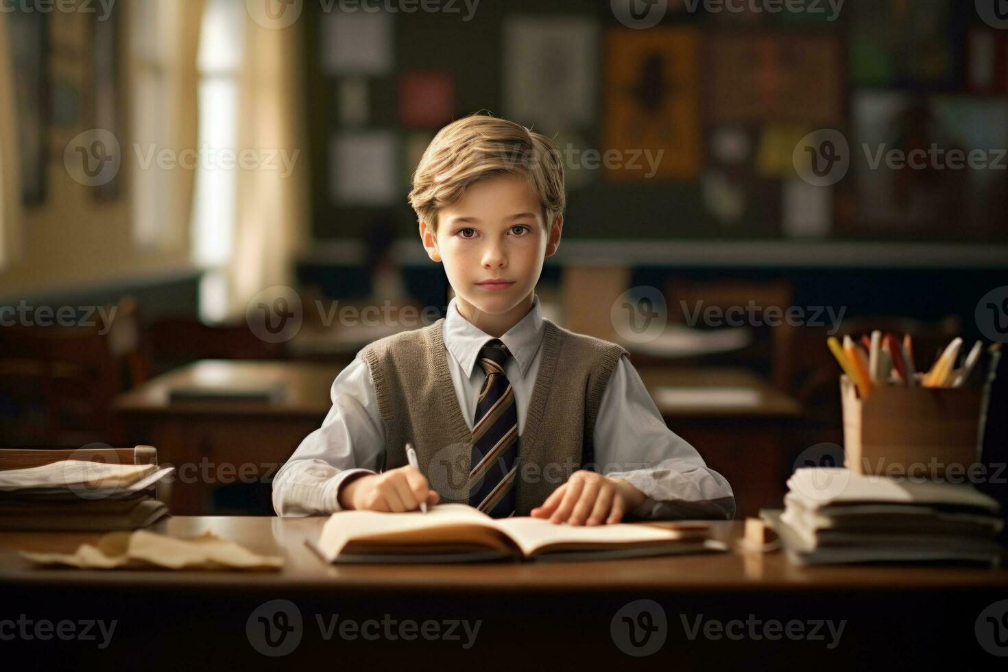 pojke på skrivbord i klassrum. utbildning i elementärt skola. generativ ai foto