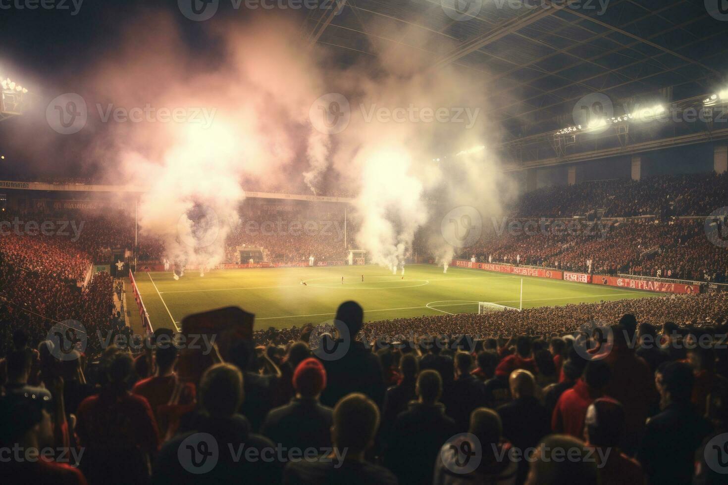 fotboll stadion med belyst lampor, bloss och rök bomber. generativ ai foto