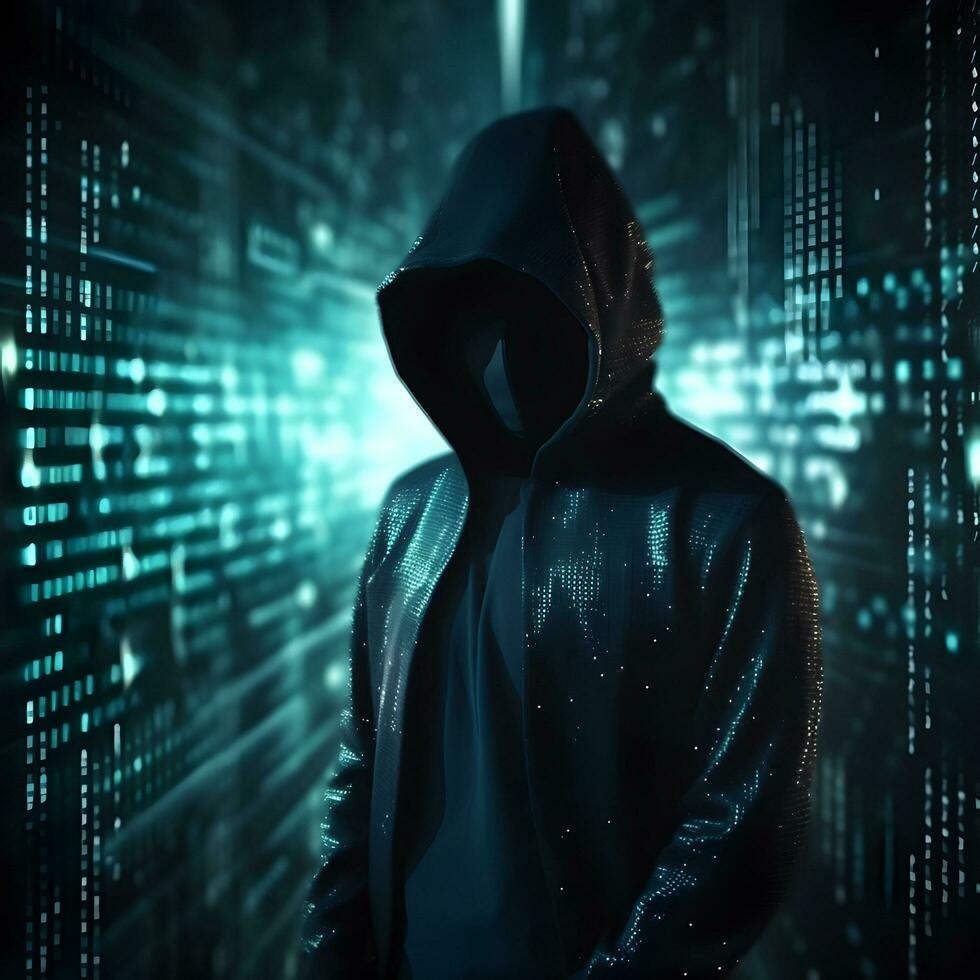 anonym hacker. begrepp av Cyber brott, Cyber attack, mörk webb. ai genererad foto