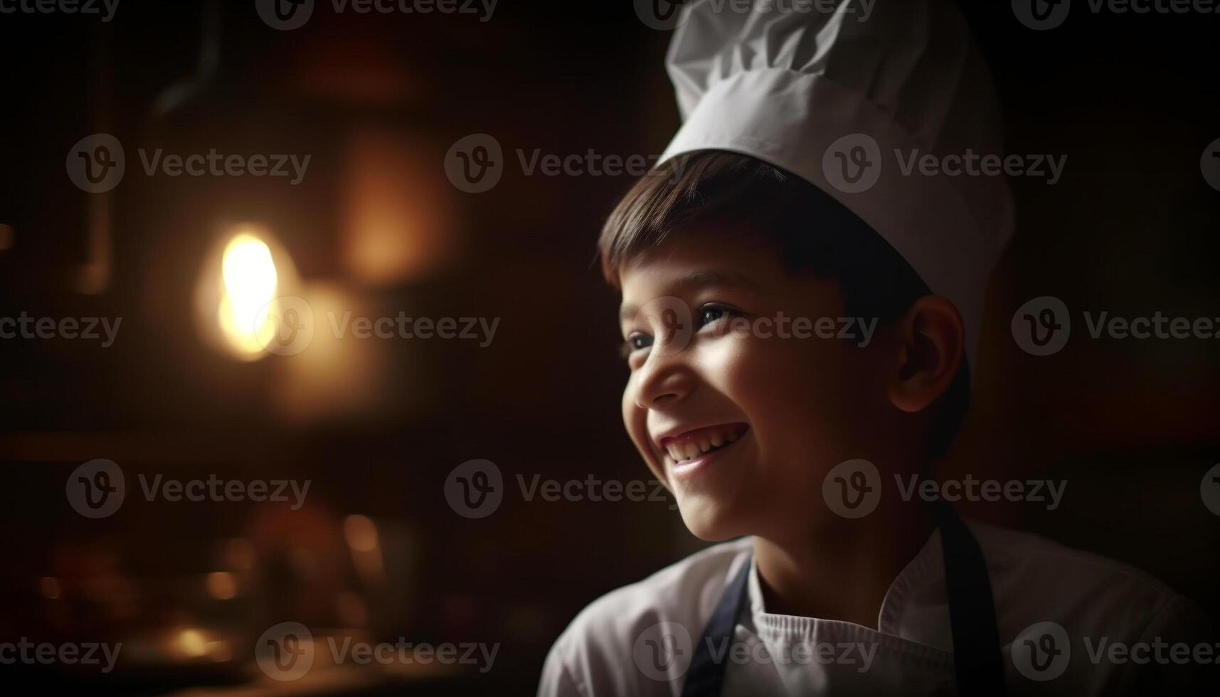 söt kock pojke åtnjuter matlagning i kök mjöl genererad förbi ai foto