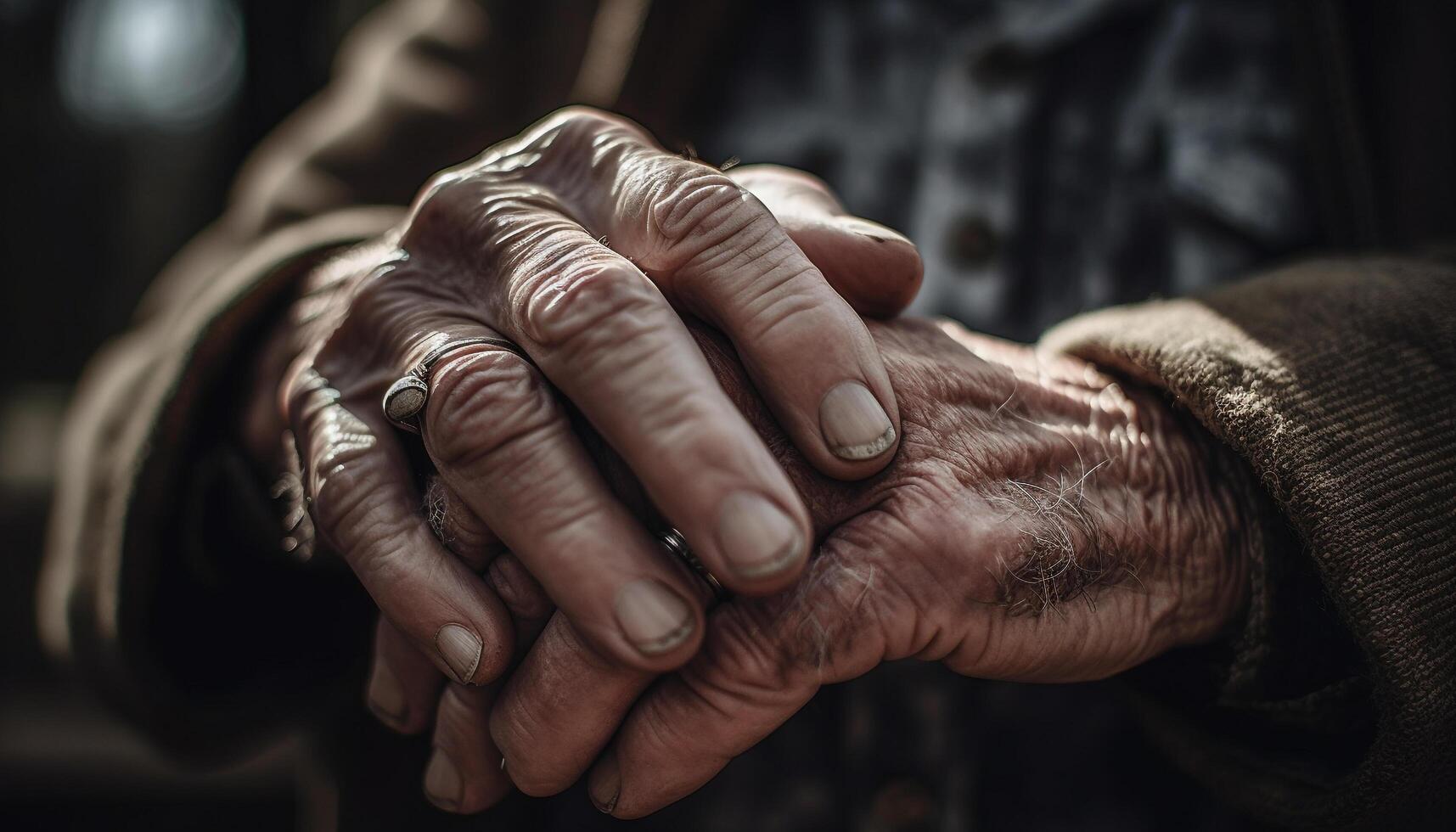 senior par innehav händer, kärlek och bindning genererad förbi ai foto