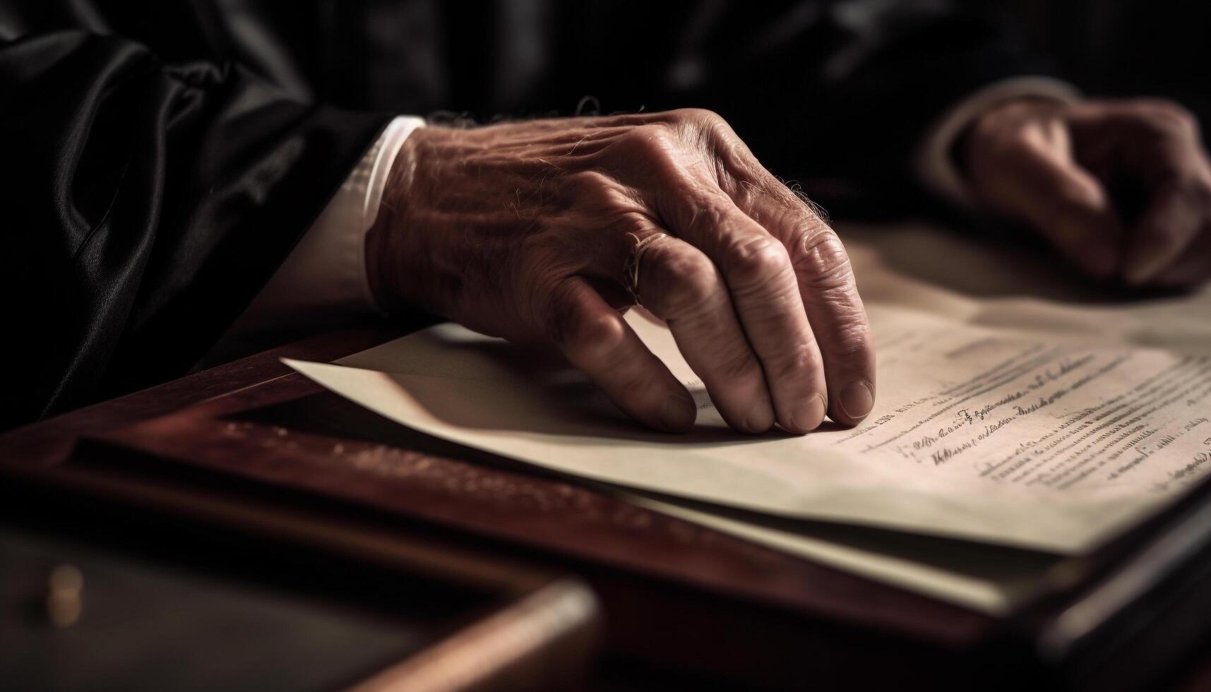 senior man läsning gammal religiös text inomhus genererad förbi ai foto