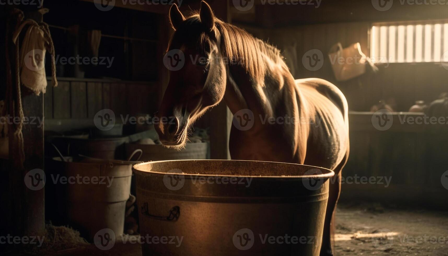 häst äter hö i rustik ladugård bås genererad förbi ai foto
