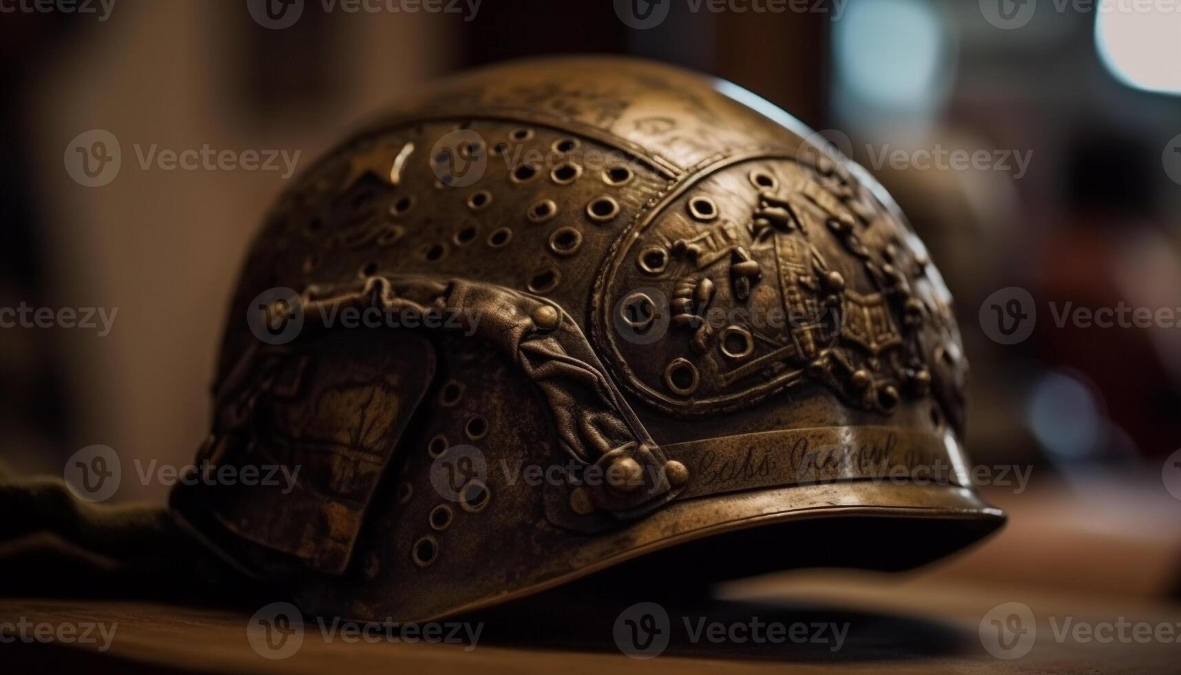 traditionell armén hjälm, antik metall kostym av rustning genererad förbi ai foto
