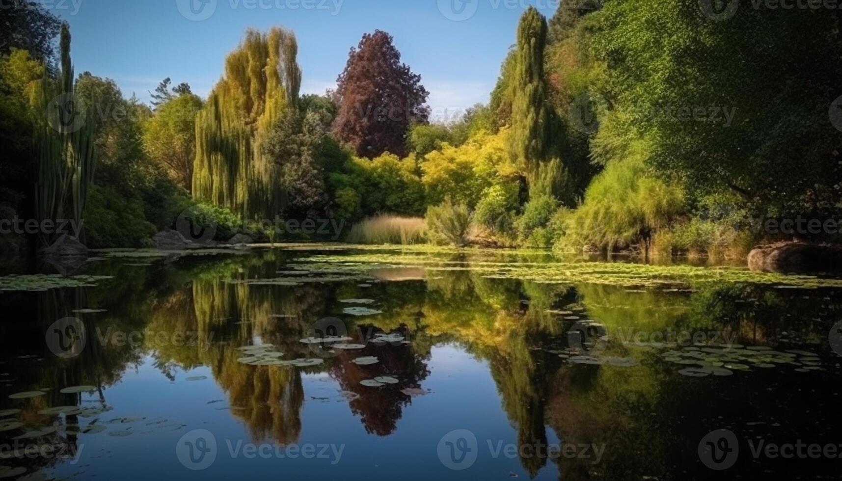 lugn scen av reflexion sjö i vildmark genererad förbi ai foto