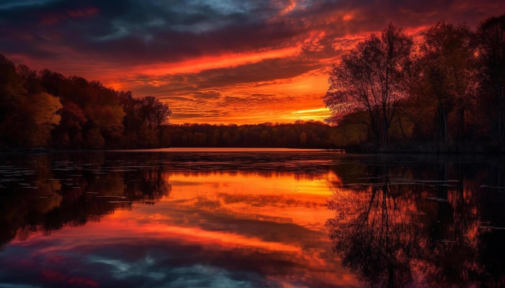 lugn scen, natur skönhet i solnedgång reflexion genererad förbi ai foto