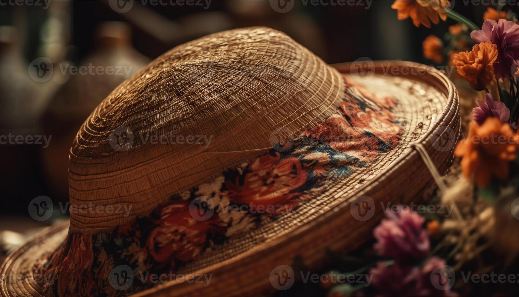 handgjort vävd sugrör hatt med blommig dekoration genererad förbi ai foto