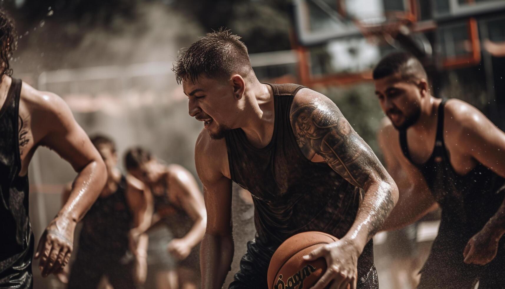 ung vuxna praktiserande basketboll utomhus i de regn genererad förbi ai foto