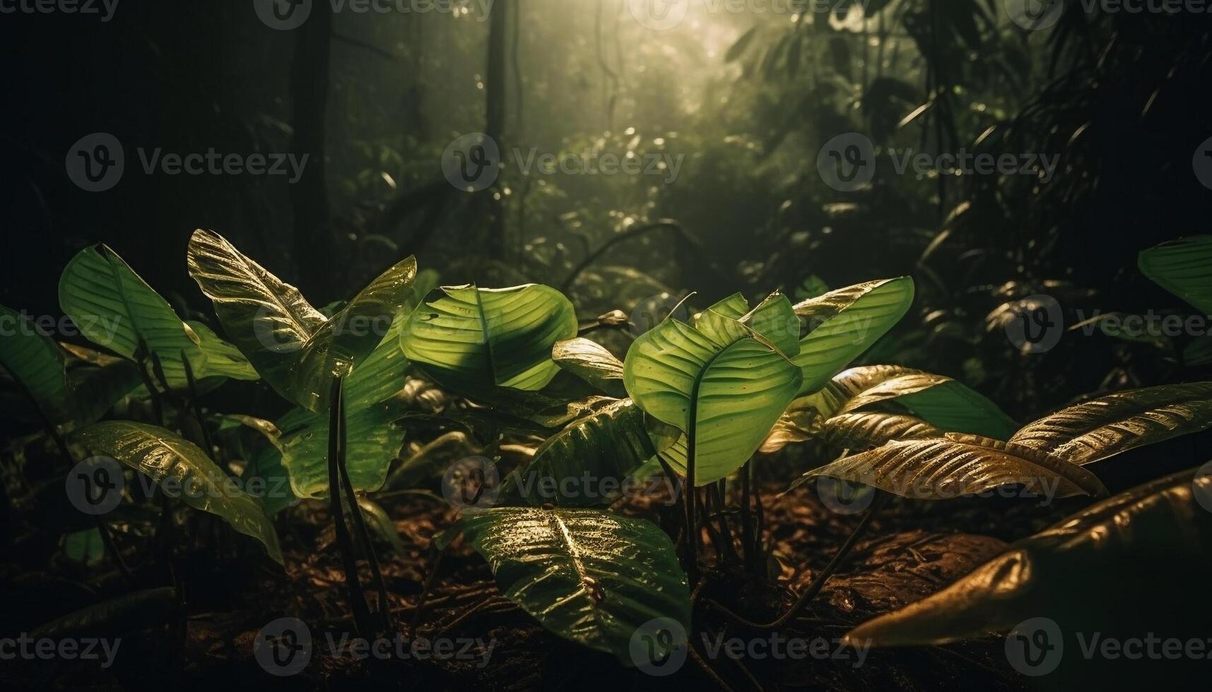 vibrerande grön ormbunkar smycka våt skog golv genererad förbi ai foto