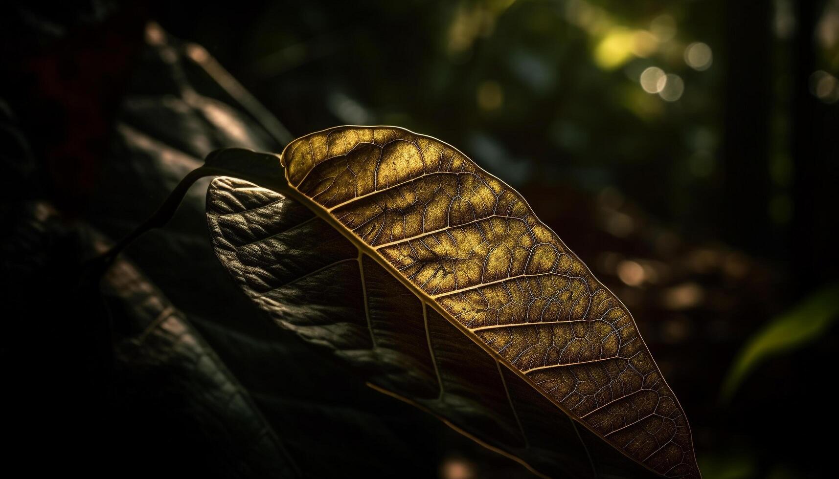 vibrerande höst blad tillväxt i skog makro genererad förbi ai foto