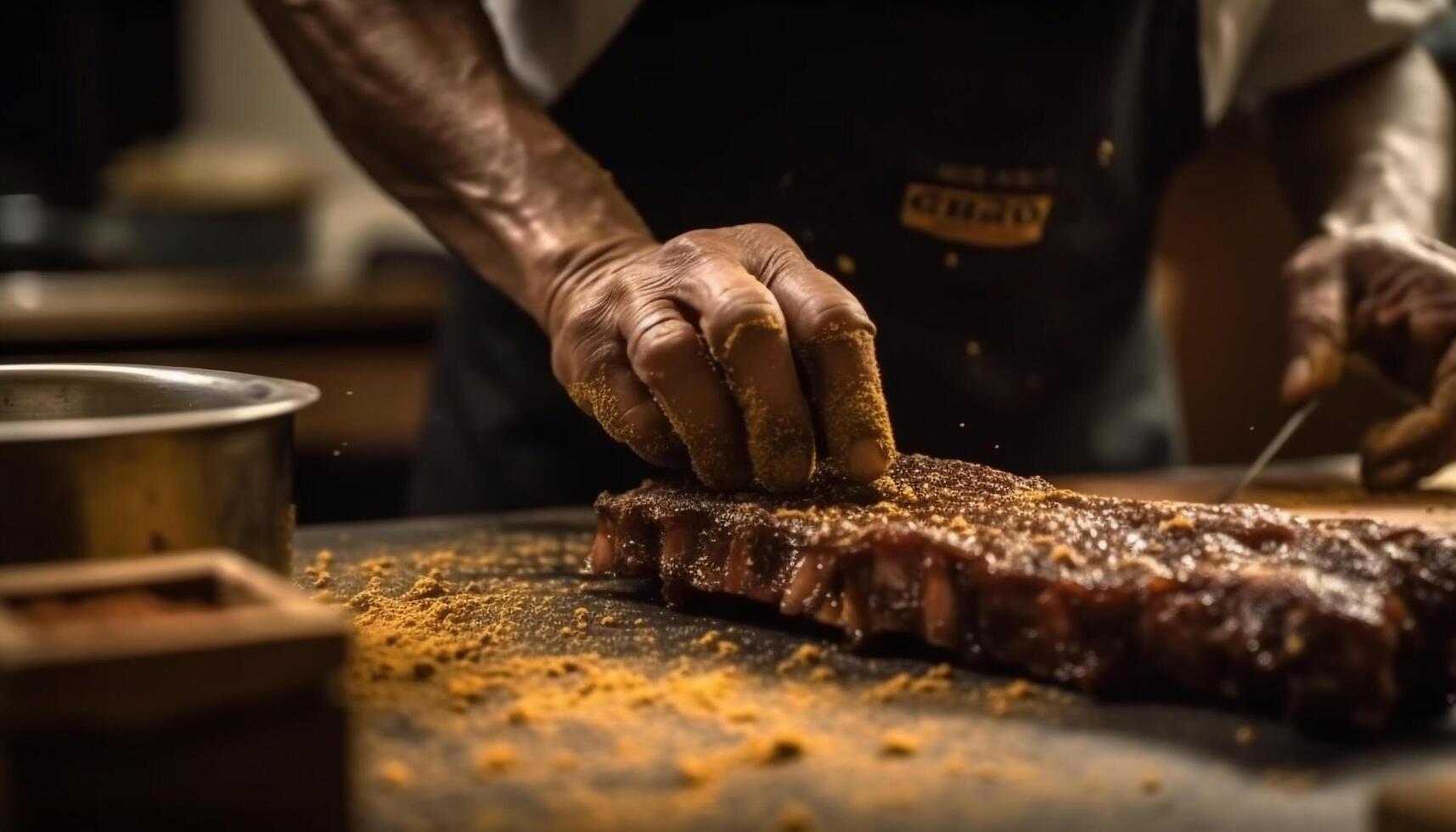 grillad biff beredd förbi skicklig manlig kock genererad förbi ai foto