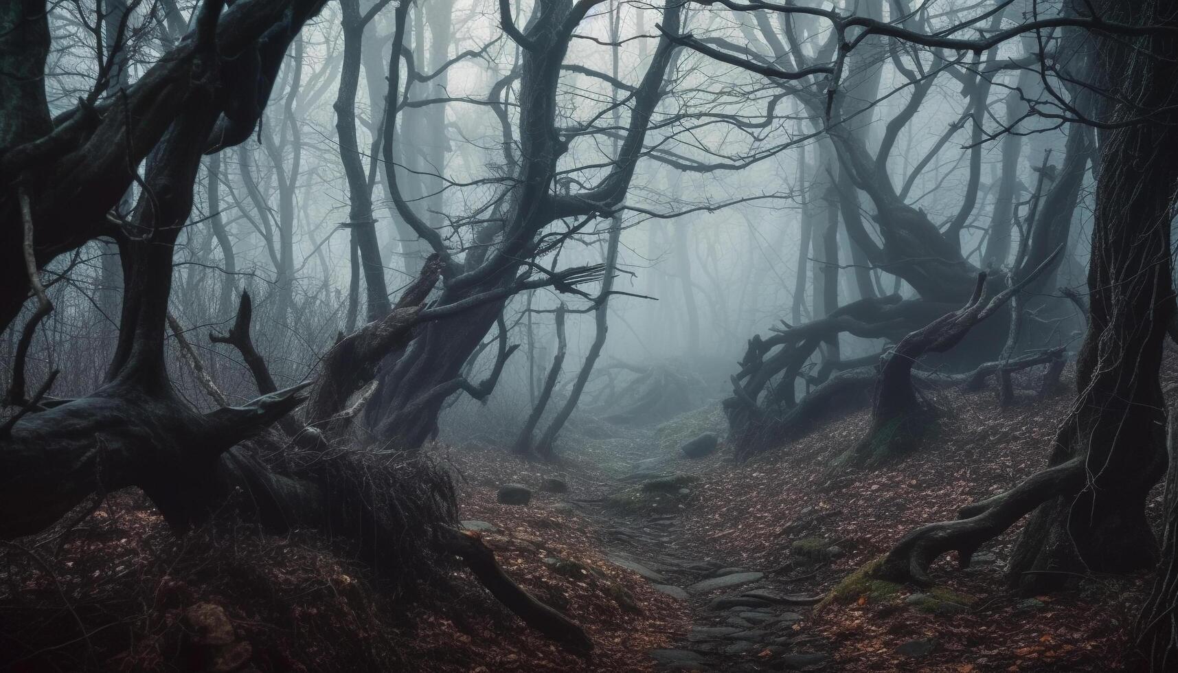 läskigt skog, mörk och mystisk, full av Skräck genererad förbi ai foto