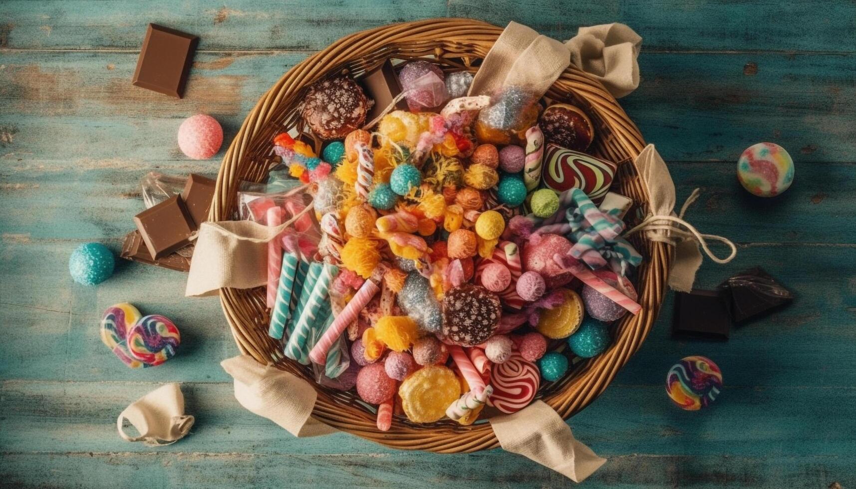 en rustik korg- korg innehar en mängd av hemlagad sötsaker genererad förbi ai foto