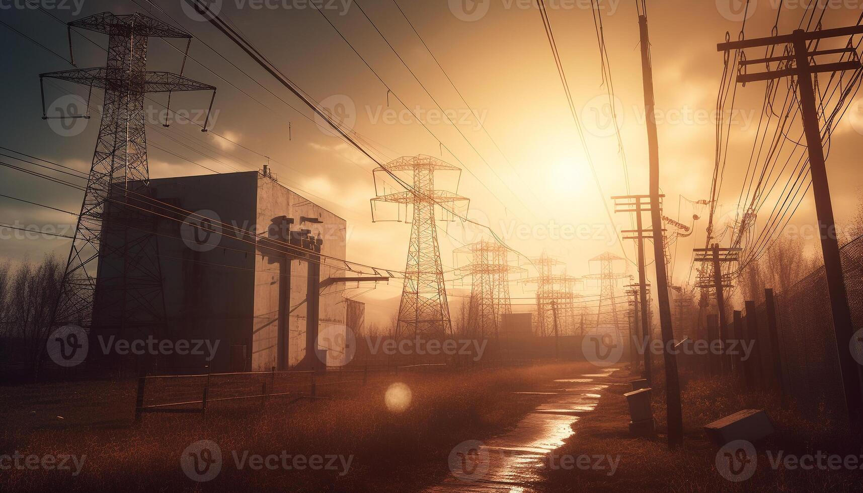 soluppgång silhuett av hög Spänning transformator i industriell landskap utveckling genererad förbi ai foto