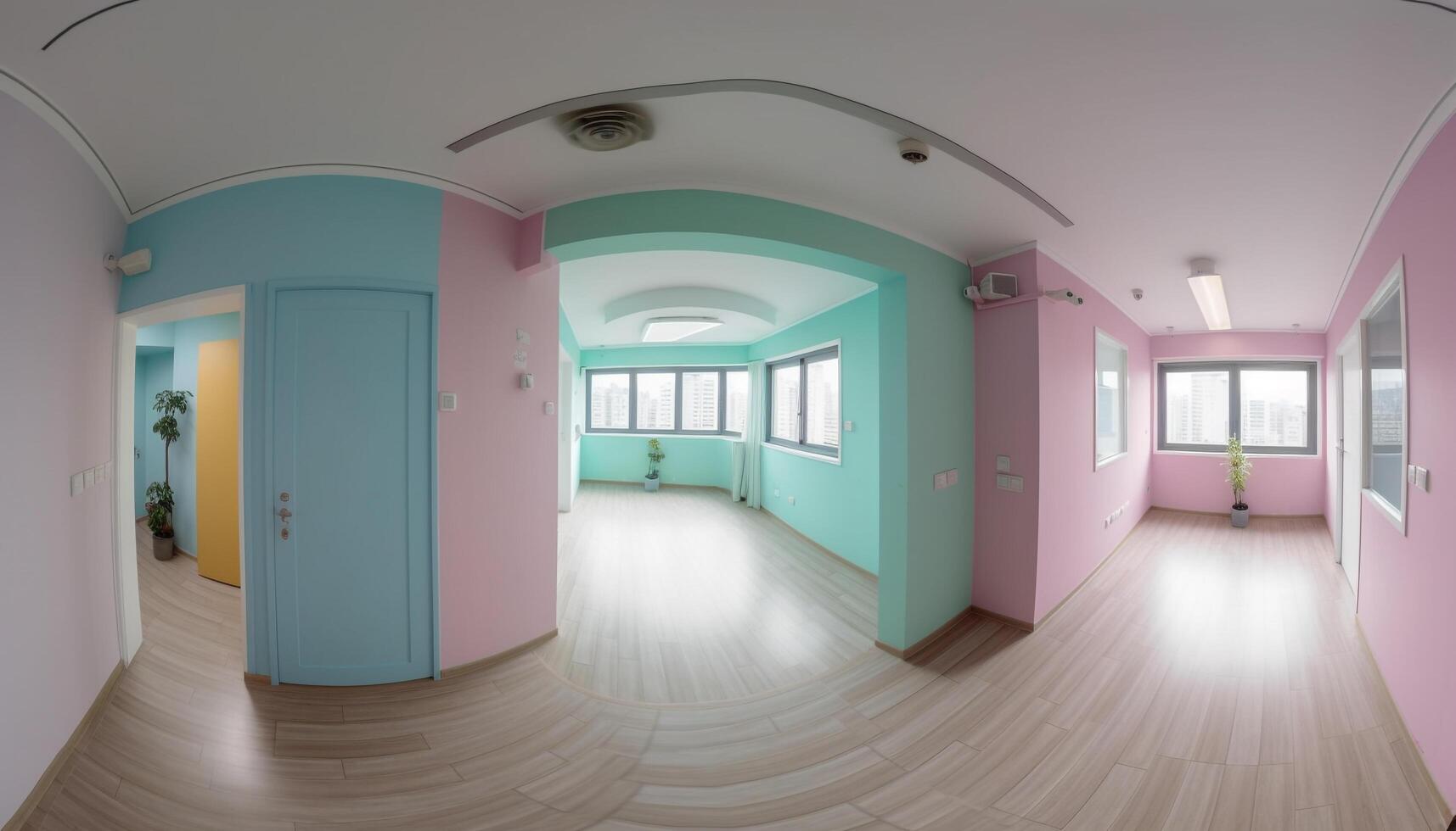 en modern lägenhet tömma ingång hall med rosa glas dörr genererad förbi ai foto