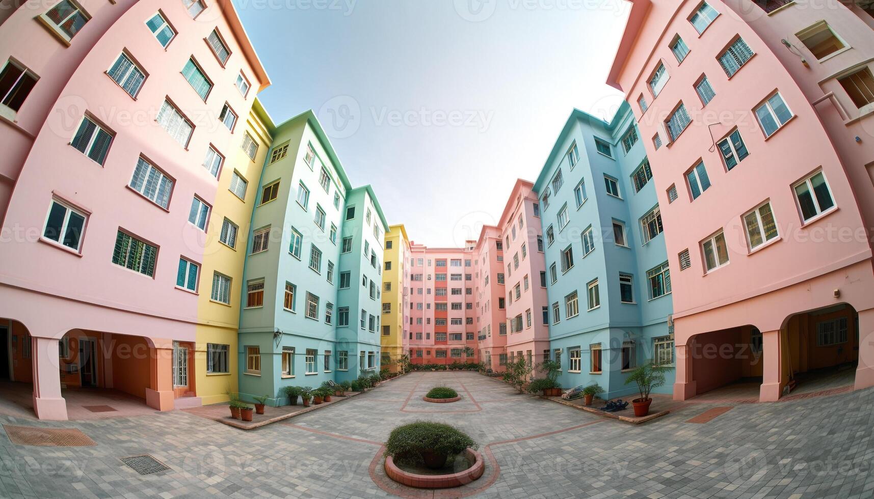 de vibrerande, mång färgad Fasad av en känd bostads- byggnad genererad förbi ai foto