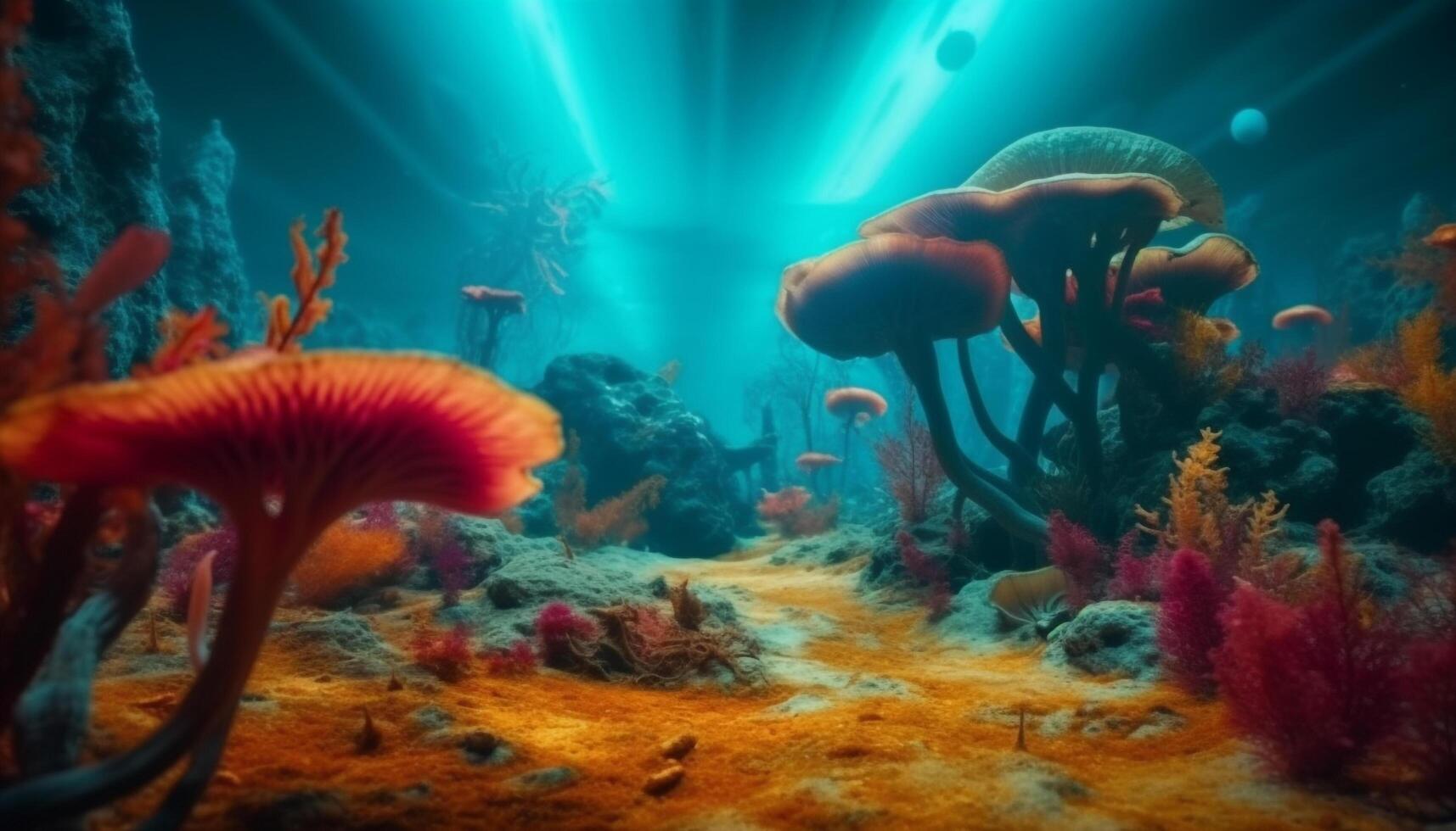 simning med färgrik vatten- djur i de skön under vattnet landskap genererad förbi ai foto