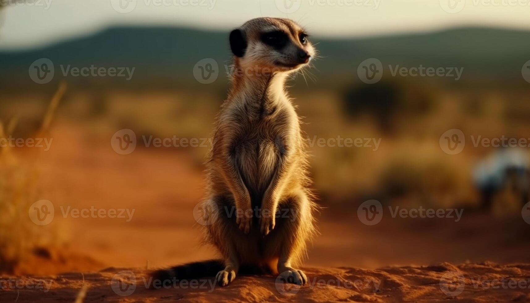 varna meerkat Sammanträde i de vildmark, tittar på solnedgång med fokus genererad förbi ai foto