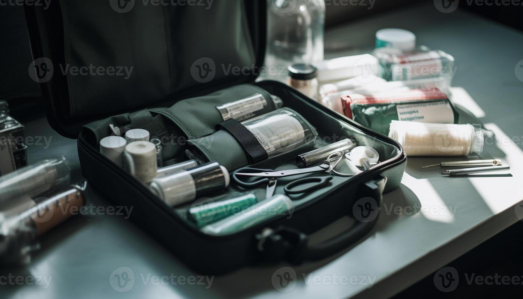 kirurg kontor metall verktyg, sprutor, och medicin för sjukvård förberedelse genererad förbi ai foto