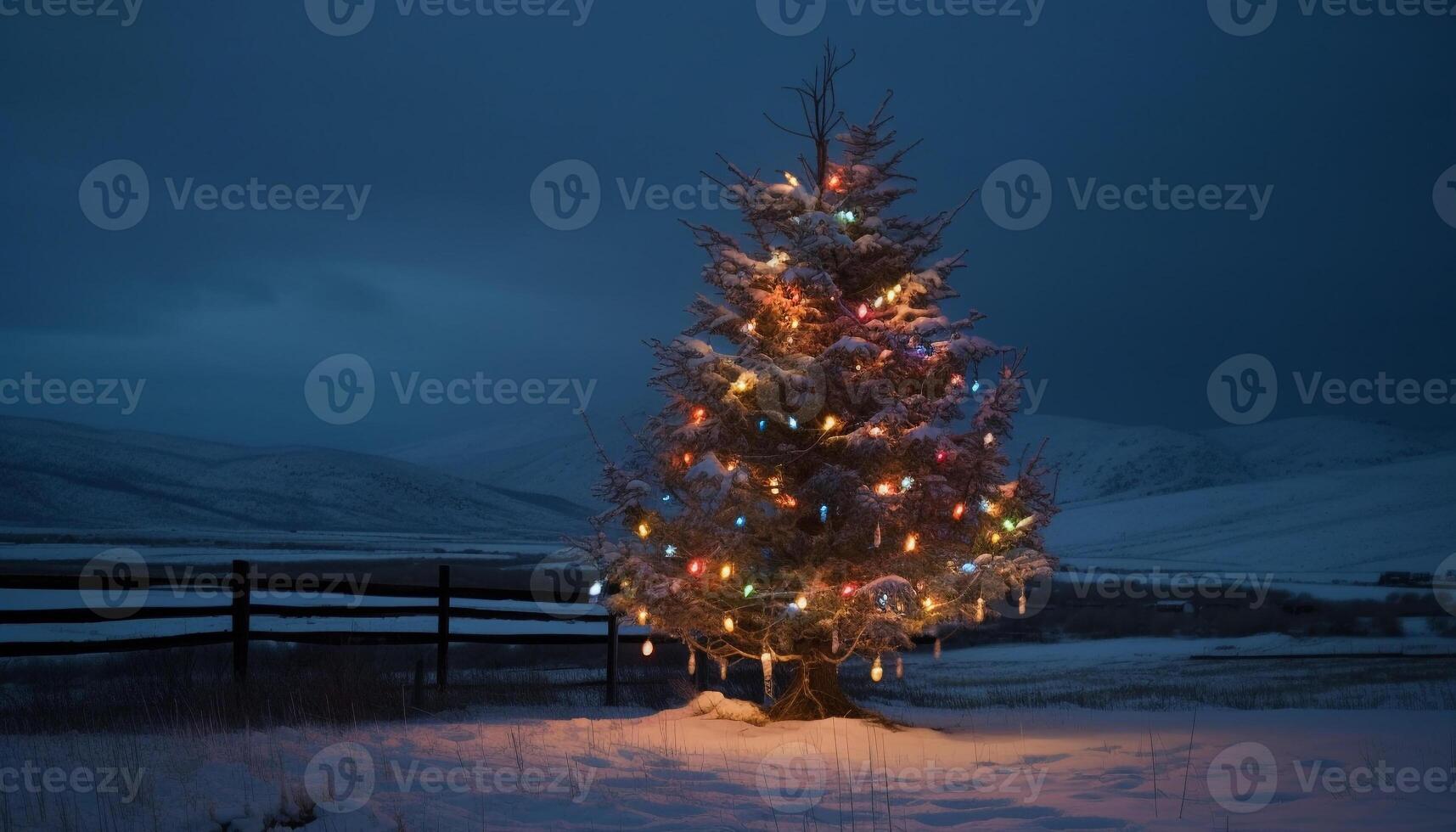 upplyst jul träd glöder i vinter- natt, natur firande genererad förbi ai foto